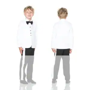 Boy modeling white tuxedo jacket, front and back views