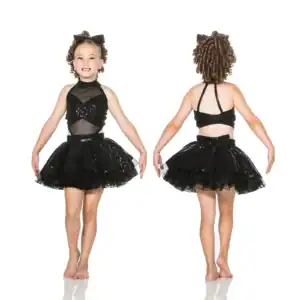 Front and back views of girl in black dance costume