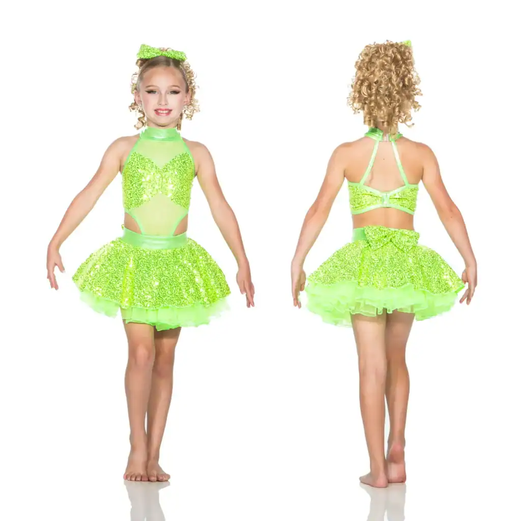 Girl modeling neon green sequined dance costume, front and back views