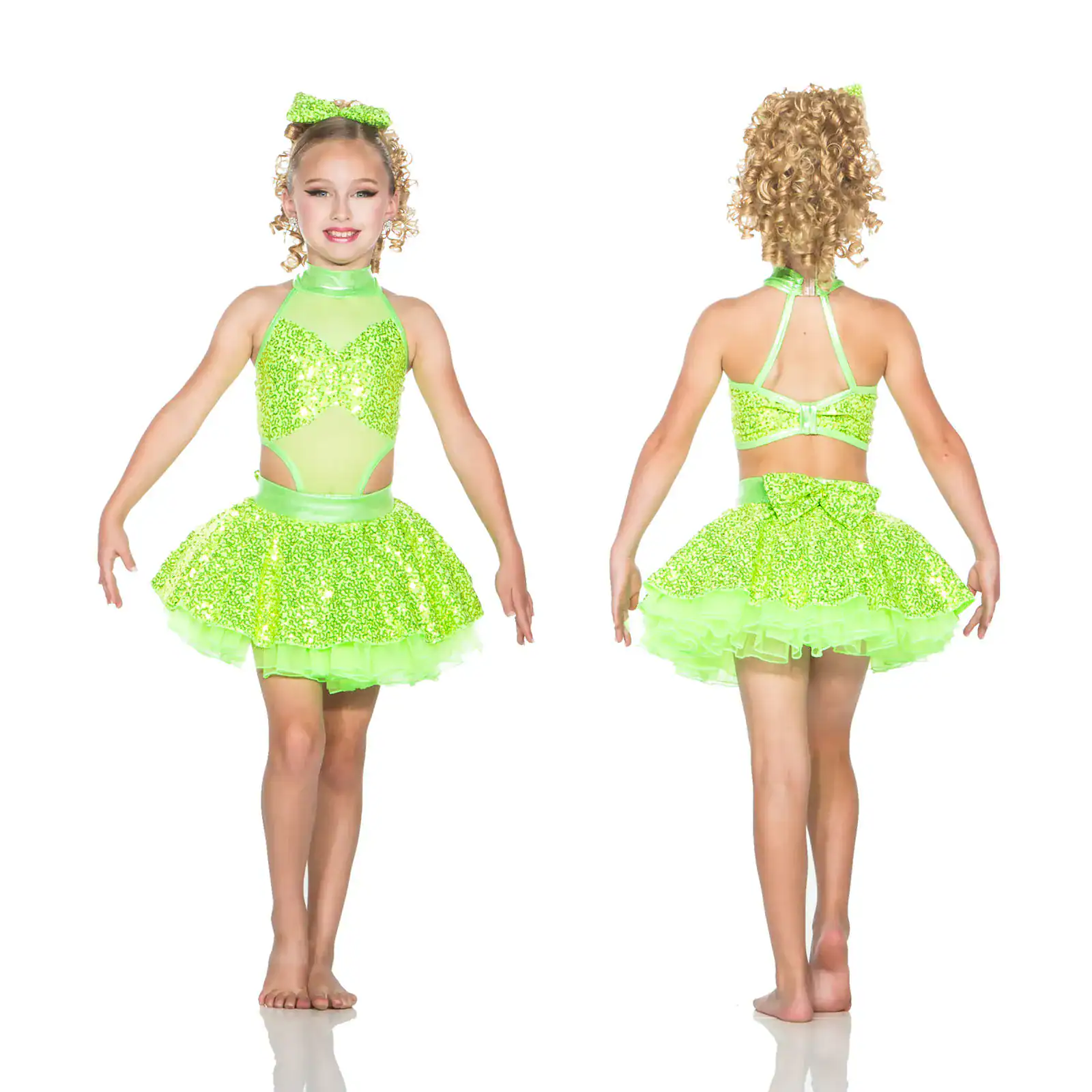 Girl modeling neon green sequined dance costume, front and back views