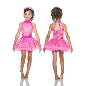 Girl modeling pink sequined dance costume, front and back views