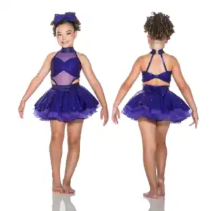 Front and back views of girl in purple glitter dance costume