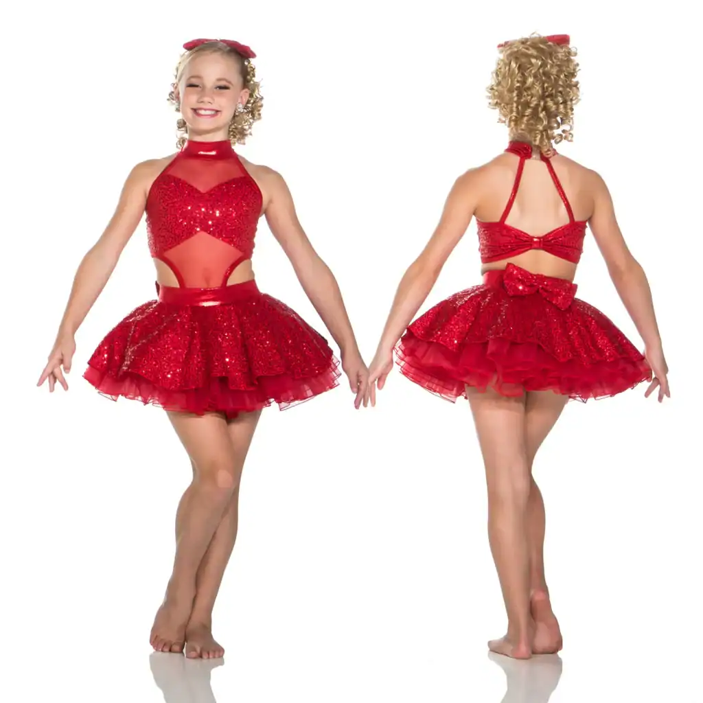 Front and back views of red sequined dance costume
