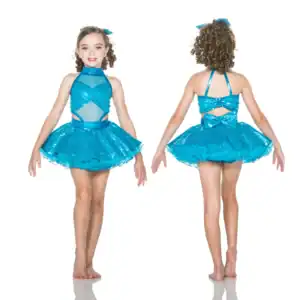 Girl modeling turquoise sequined dance costume, front and back views.