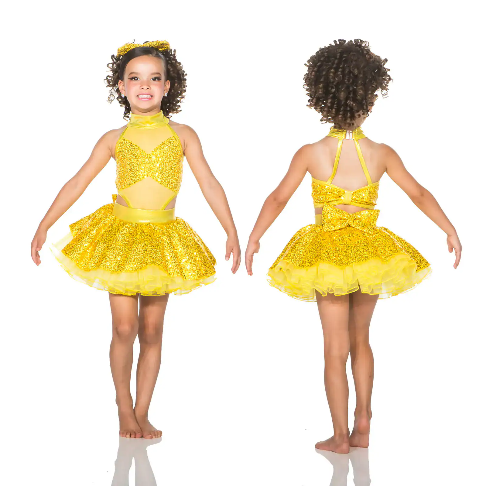 Girl modeling yellow sequined dance costume, front and back views