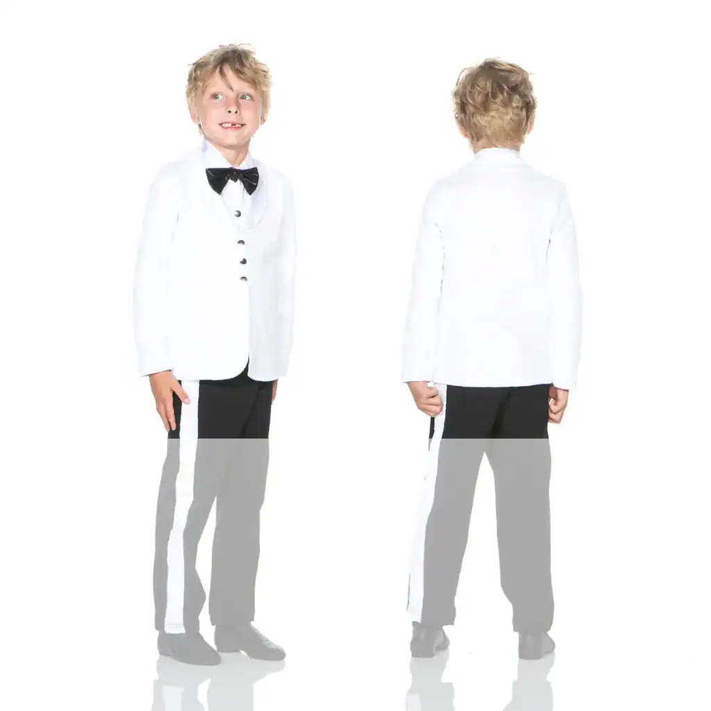 Boy modeling white formal jacket, front and back views