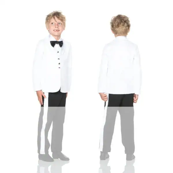 Boy modeling white formal jacket, front and back views