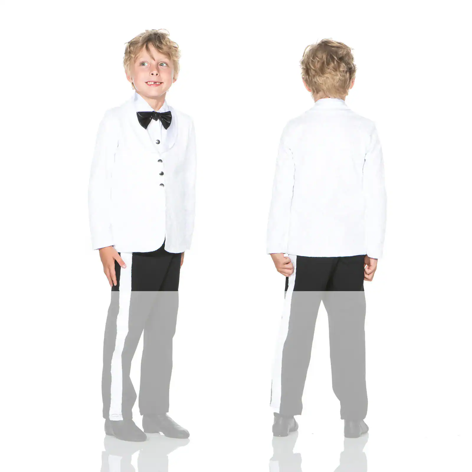 Boy modeling white formal jacket, front and back views
