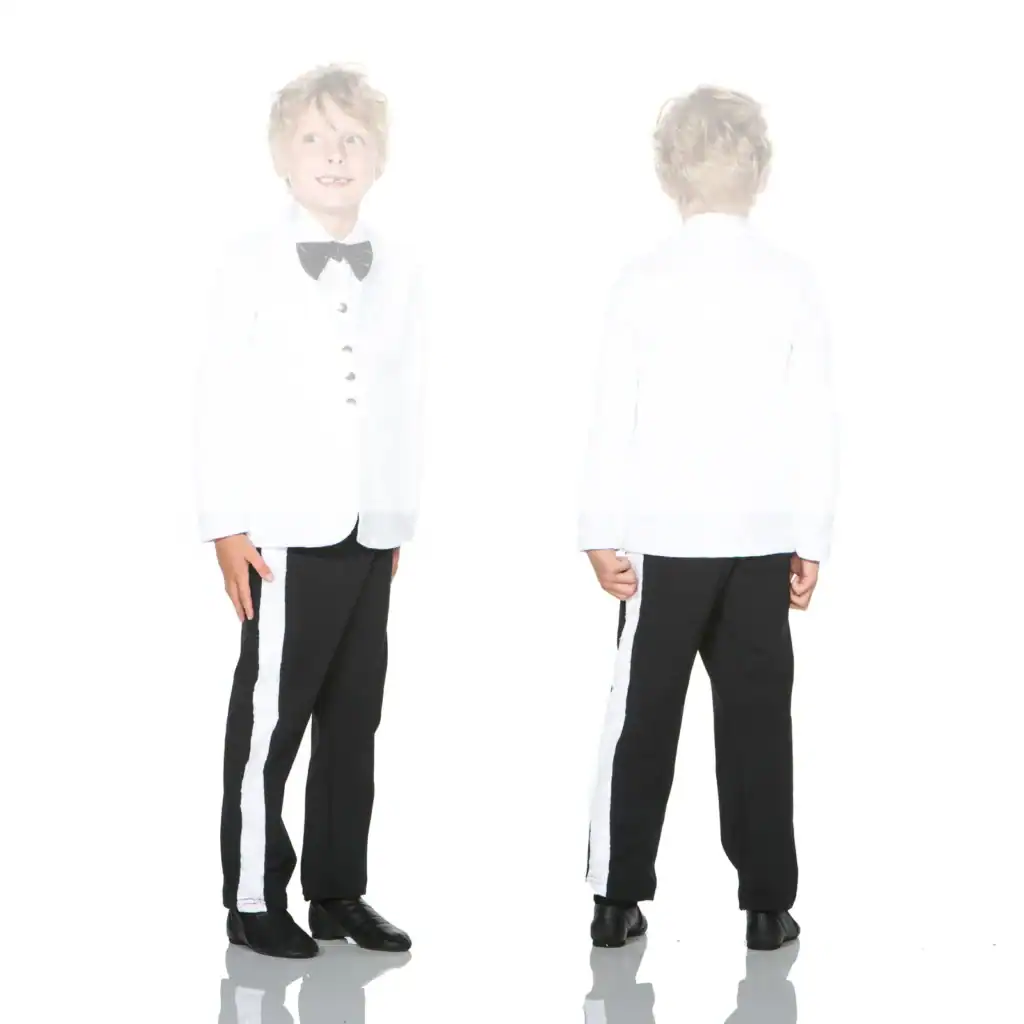 Boy wearing white tuxedo jacket and black pants, front and back