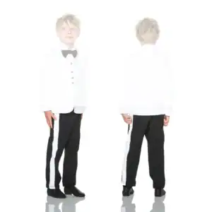 Boy wearing white tuxedo jacket and black pants, front and back