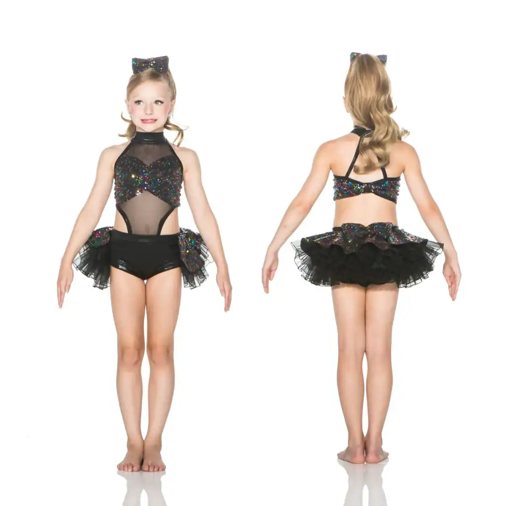 Girl modeling black glitter dance costume, front and back views