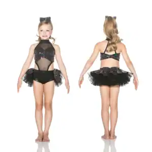 Girl modeling black glitter dance costume, front and back views