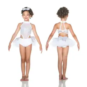 Girl modeling white sequined dance costume, front and back views