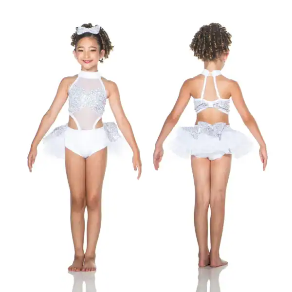 Girl modeling white sequined dance costume, front and back views