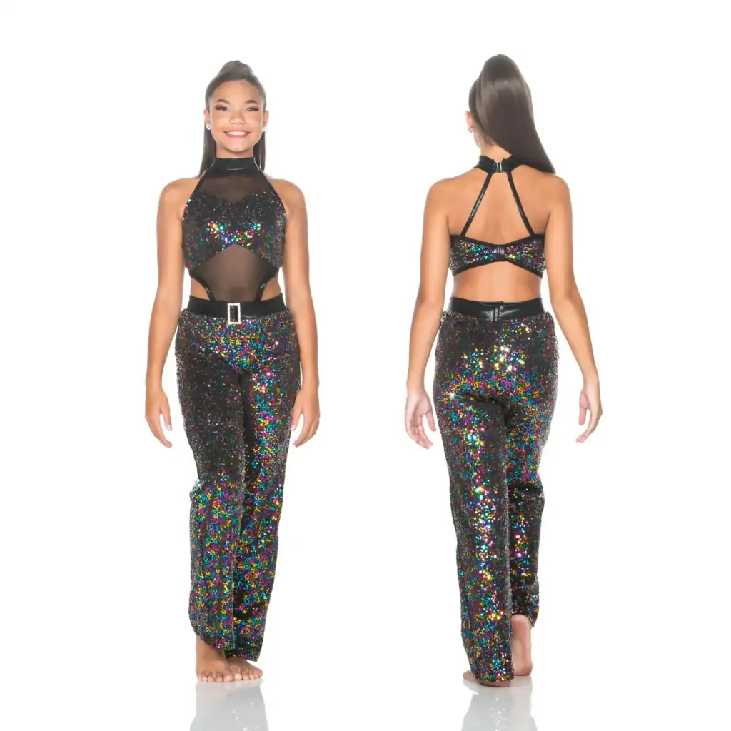 Front and back views of black multicolor sequin dance costume