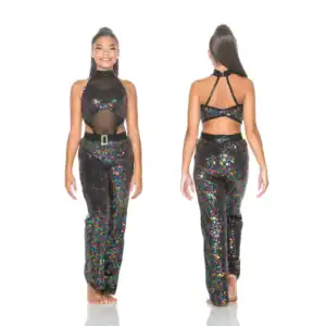 Front and back views of black multicolor sequin dance costume