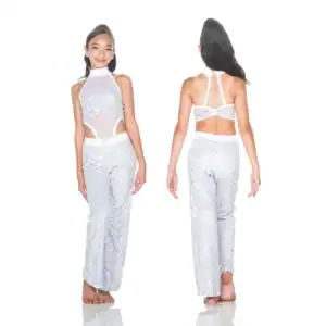 Girl modeling a white sequined dance costume, front and back views