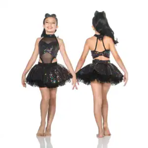 Girl modeling black multicolored sequined dance costume, front and back