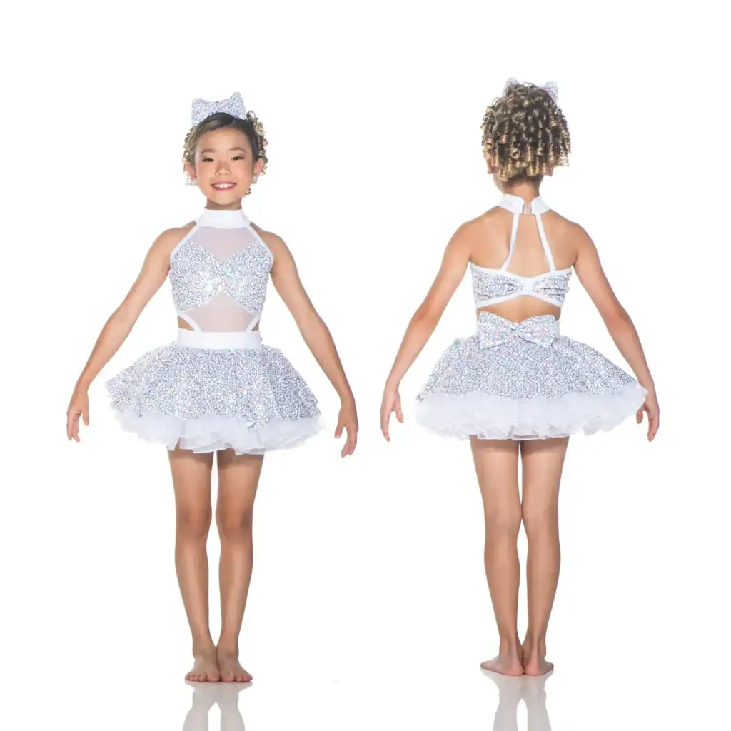 Girl modeling white sequined dance costume, front and back views