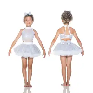 Girl modeling white sequined dance costume, front and back views