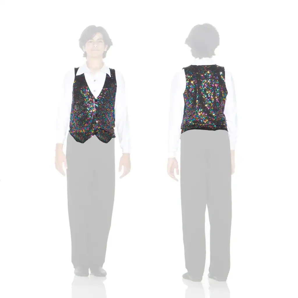 Front and back views of multicolored sequin vest