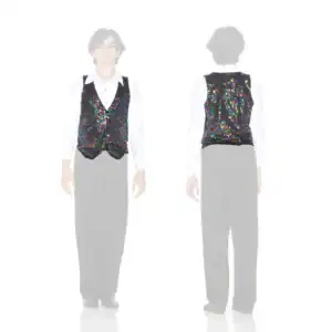Front and back views of multicolored sequin vest