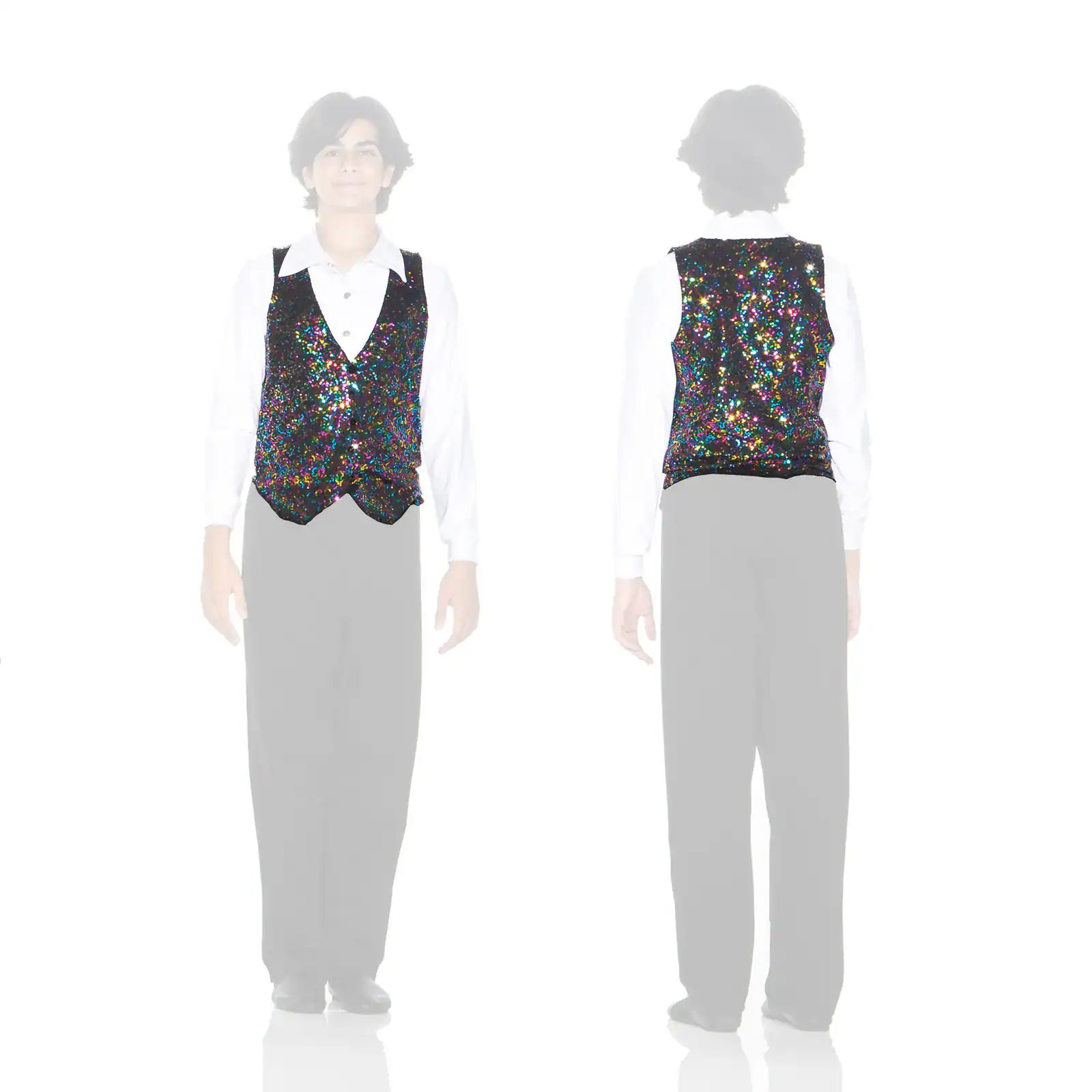 Front and back views of multicolored sequin vest
