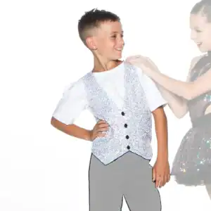 Young dancer in sequined vest smiling with partner