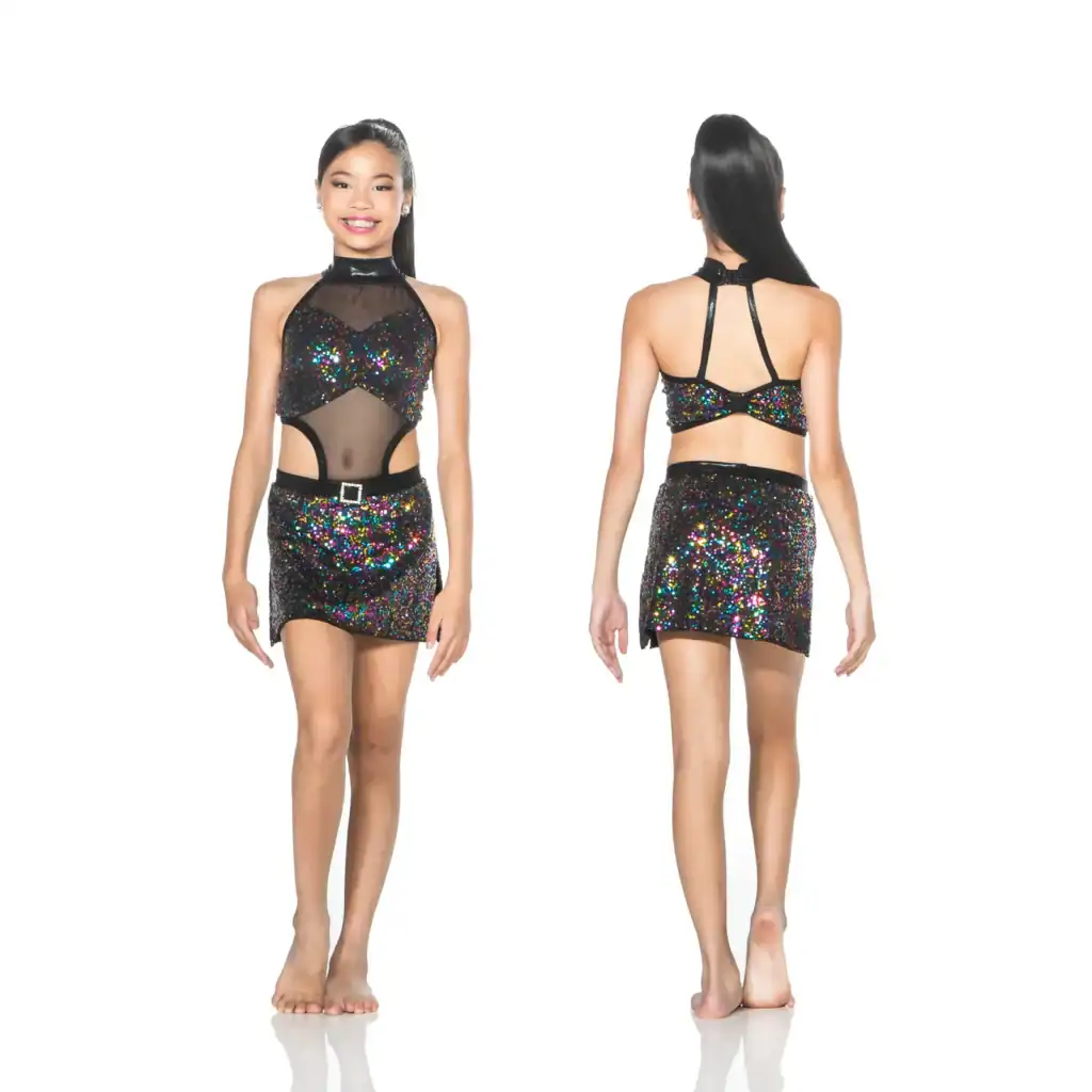 Front and back views of girl in sequined dance costume