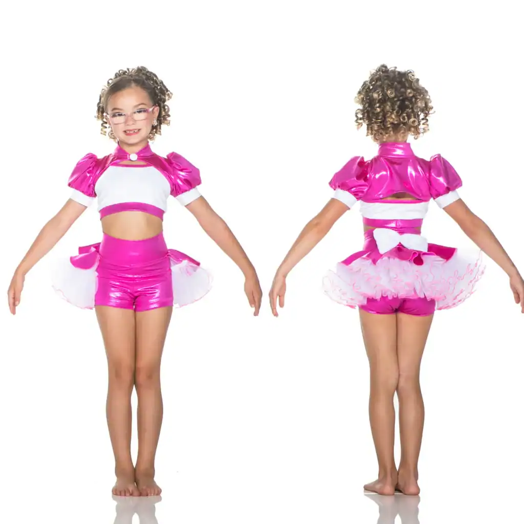 Girl modeling pink and white dance costume, front and back