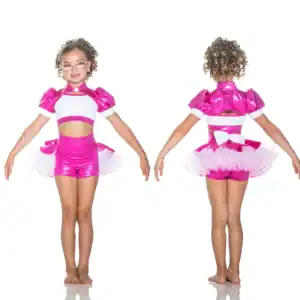 Girl modeling pink and white dance costume, front and back