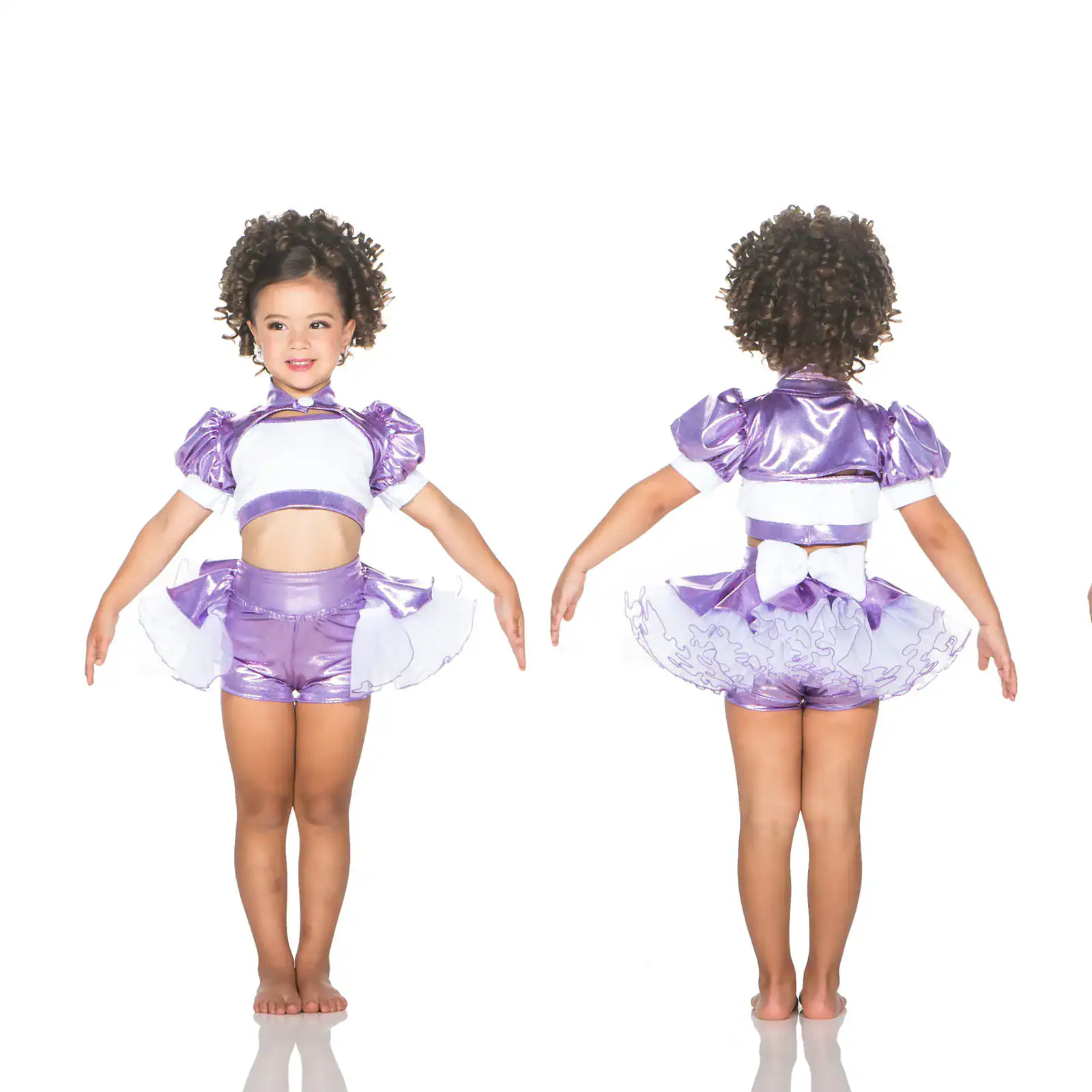 Girl modeling purple and white dance costume, front and back