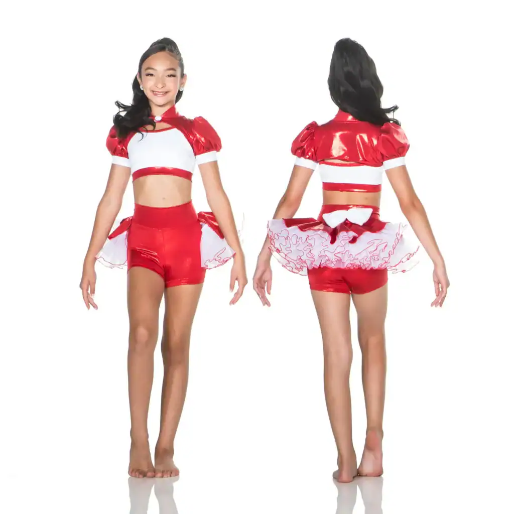 Front and back views of red-and-white dance costume