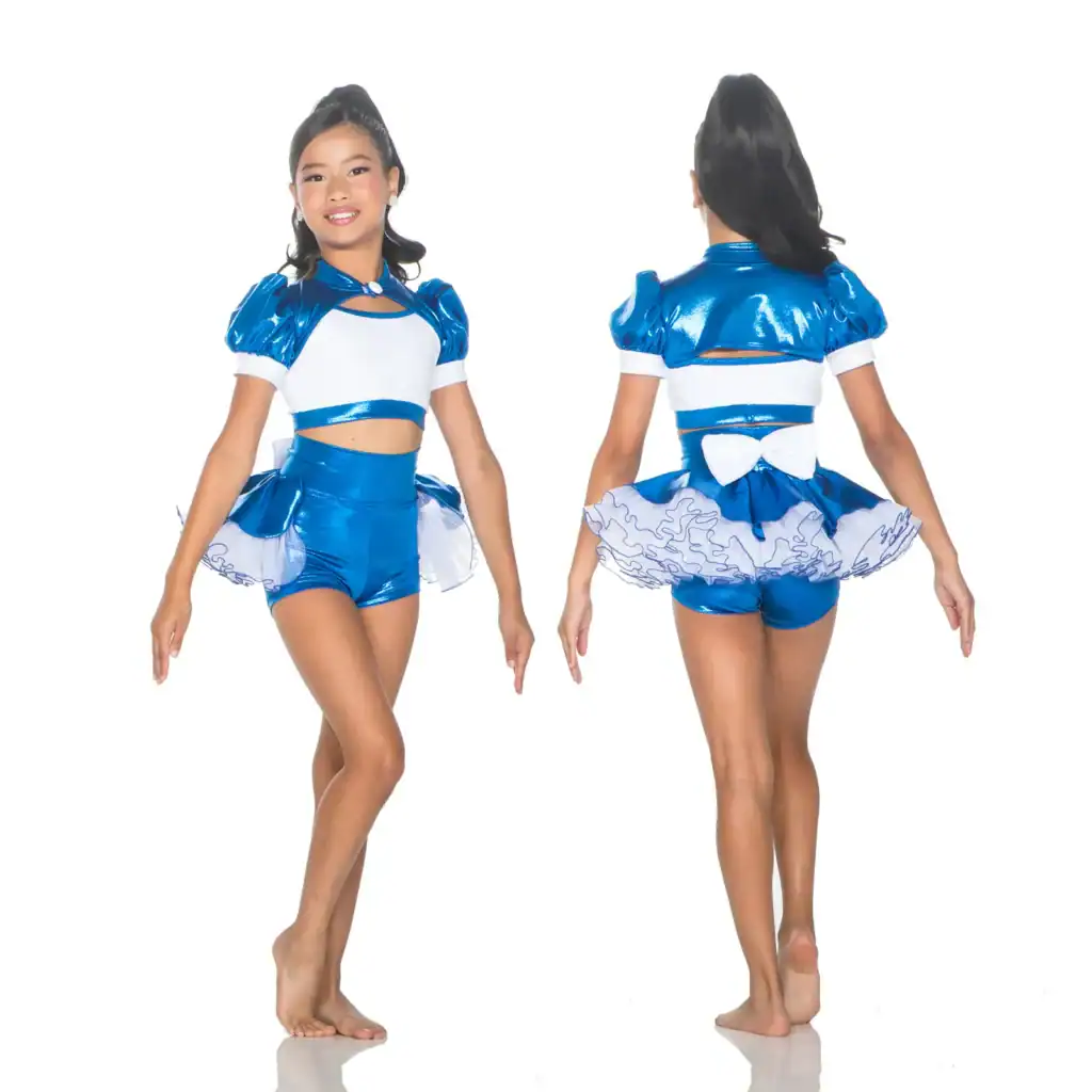 Girl modeling blue and white dance costume, front and back