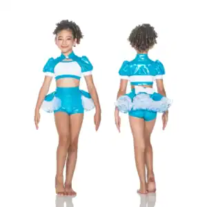 Girl modeling turquoise and white dance costume, front and back