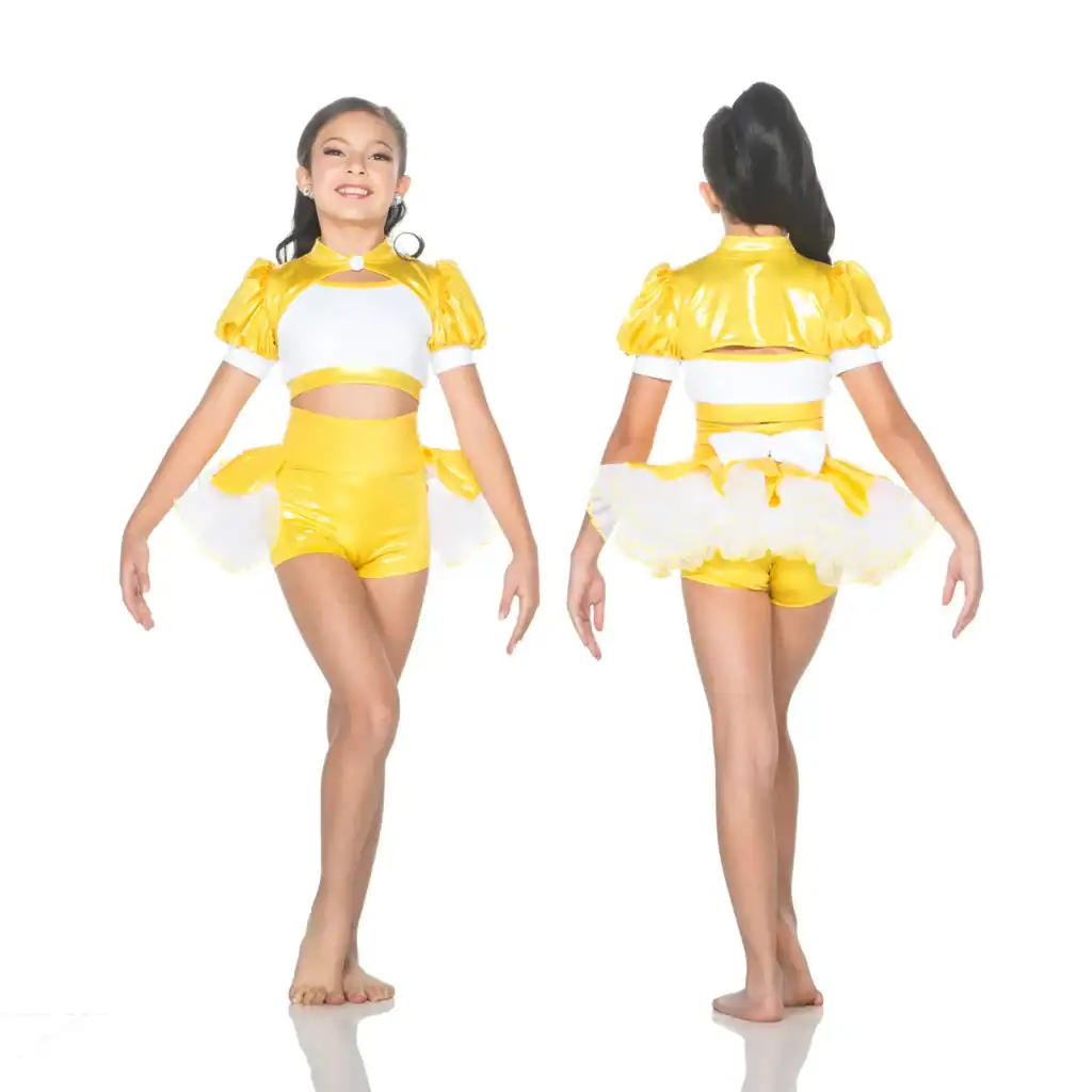 Girl modeling yellow and white dance costume, front and back