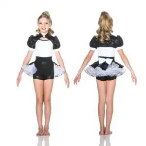 Front and back views of child’s black-and-white dance costume