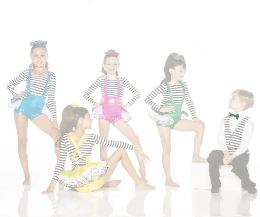 Five children in colorful striped dance costumes posing together