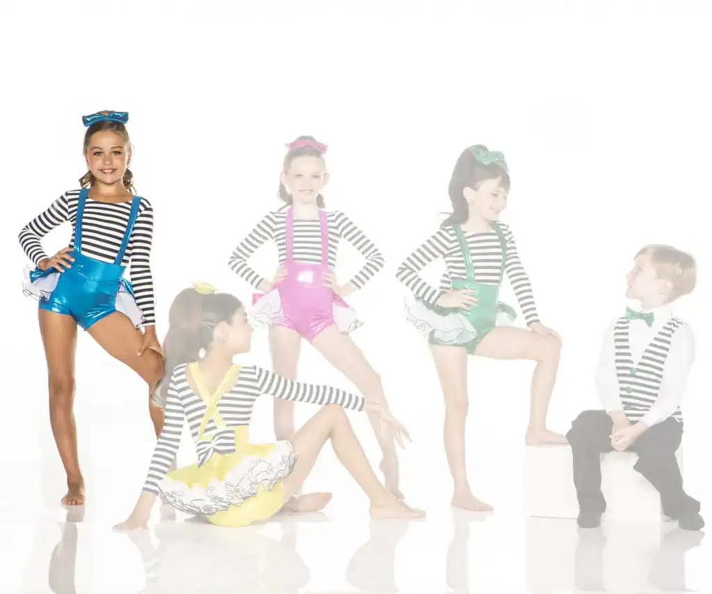 Five children wearing colorful striped dance costumes posing together