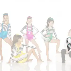 Five children in colorful striped dance costumes posing