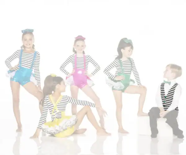Five children in colorful striped dance costumes posing