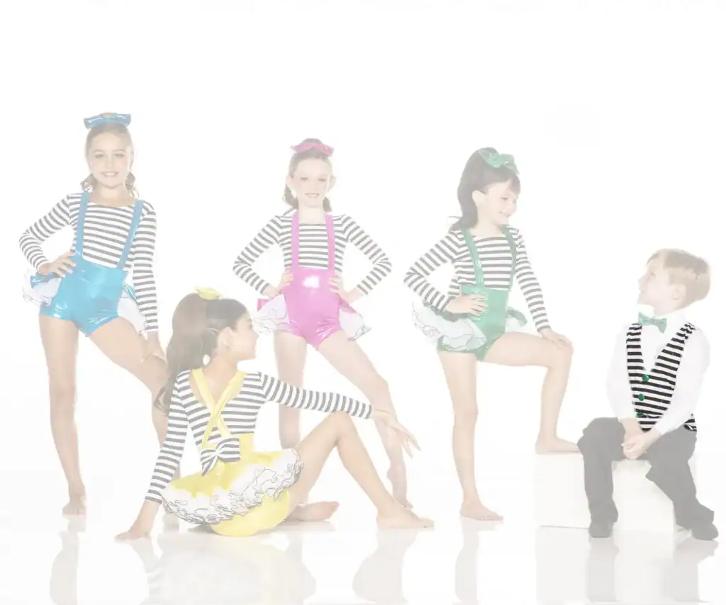 Five children in colorful striped dance costumes posing