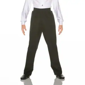 Model wearing black high-waisted trousers and white blouse