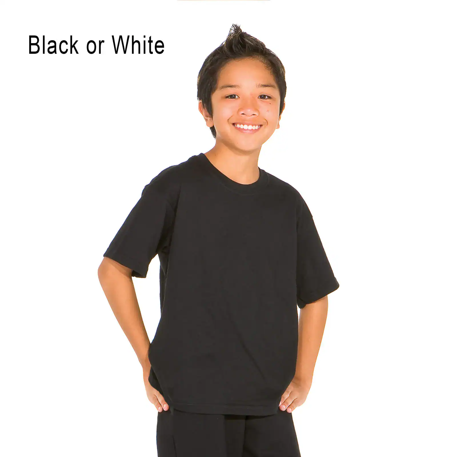 Smiling child wearing a plain black T-shirt