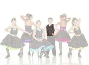 Five children pose in colorful polka-dot dance costumes.