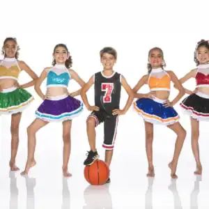 Five children in colorful cheerleading outfits pose with basketball.