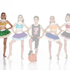 Five children in colorful cheer outfits, boy standing on basketball