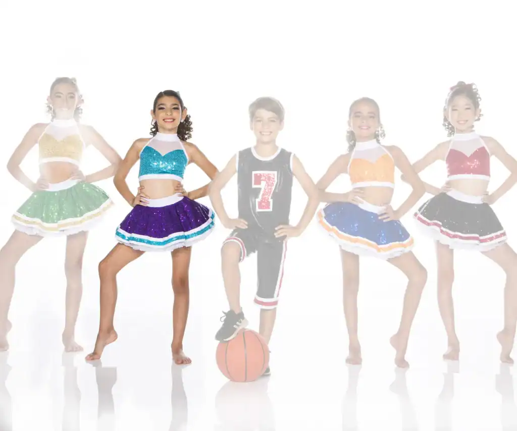 Five children in colorful dance costumes with basketball