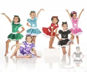 Six girls pose in colorful shiny dance costumes.