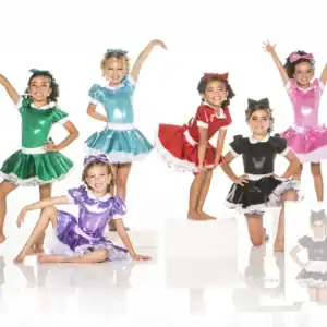 Six girls pose in colorful shiny dance costumes.